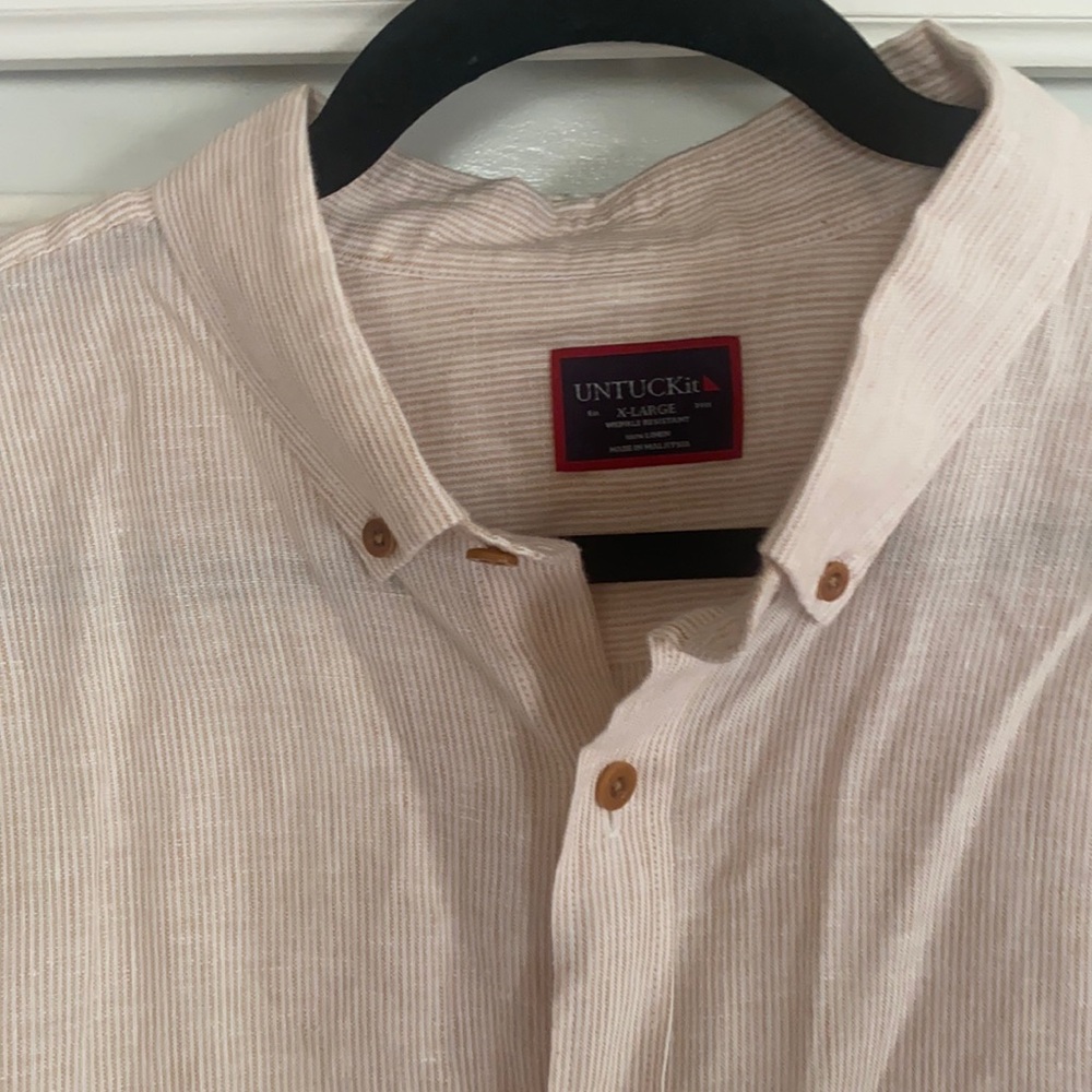 Tan / white small stripe linen untuckit xxl shirt